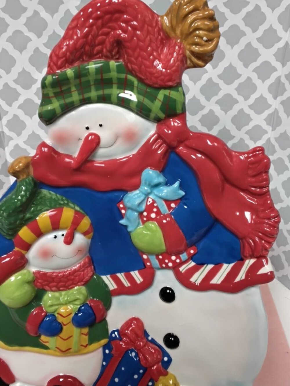 Vintage Dillard's Trimmings Christmas Snowman Canapé Tray featuring a raised 3D